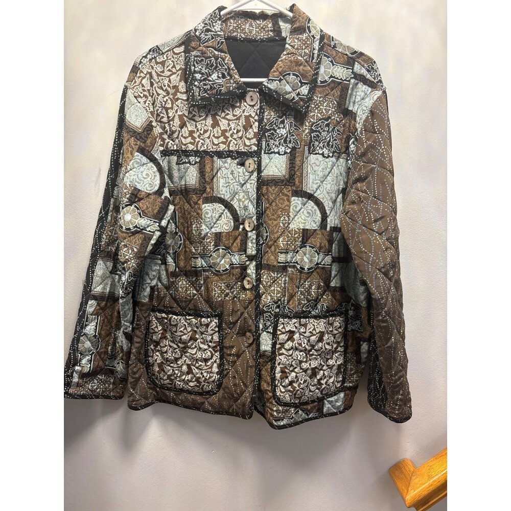 Vintage Brown Patchwork Quilted Jacket With Button Front & Pockets PIT TO PIT 21